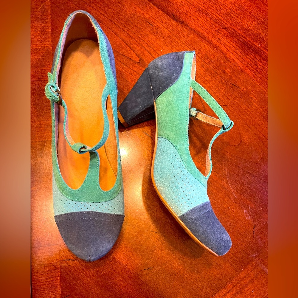 Chelsea Crew Tri-Colored T-strap Suede heels- size 8